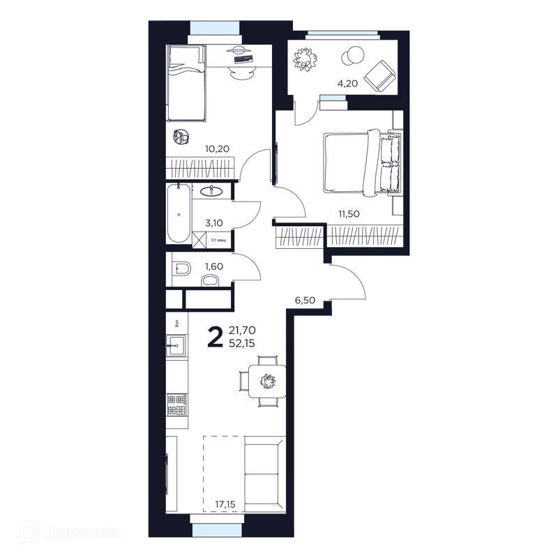 2-комнатная квартира 52.15 м² Восток 2