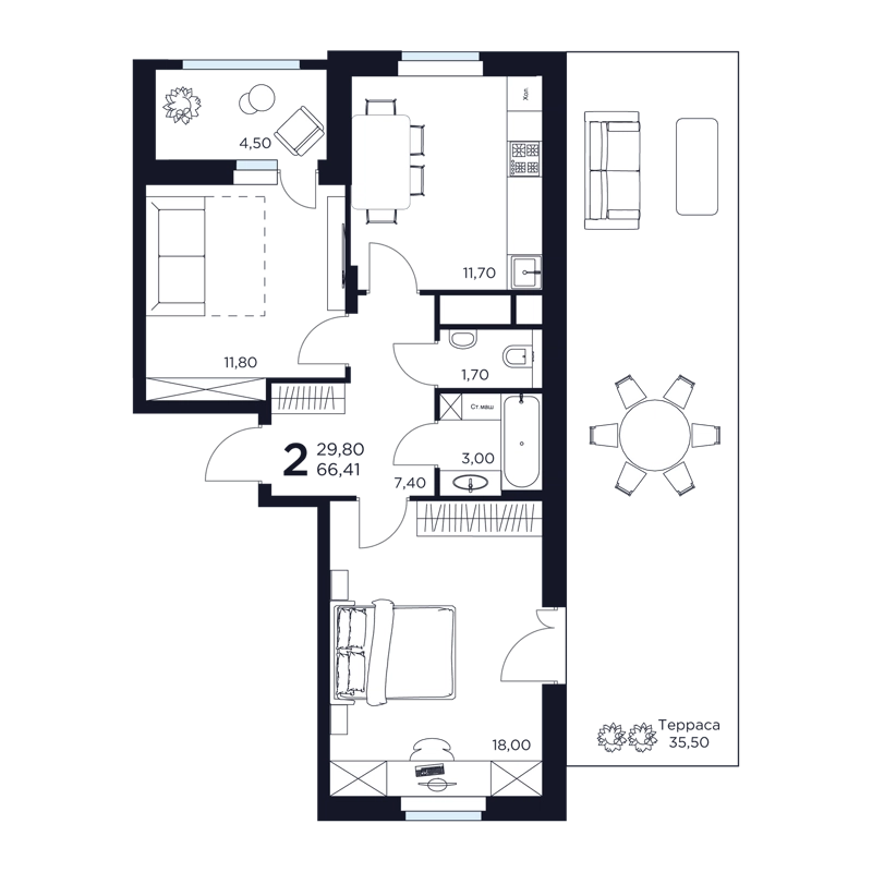 2-комнатная квартира 66.41 м² Восток 2