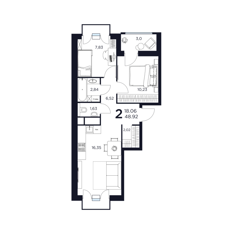 2-комнатная квартира 48.92 м² Восток 2