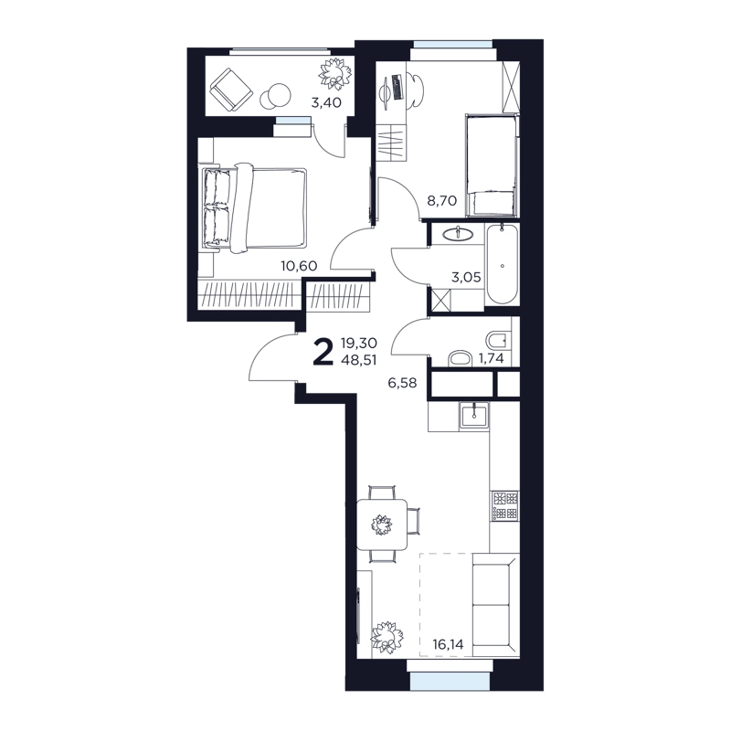 2-комнатная квартира 48.51 м² Восток 2