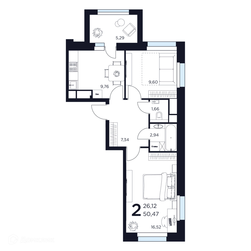 2-комнатная квартира 50.47 м² Восток 2