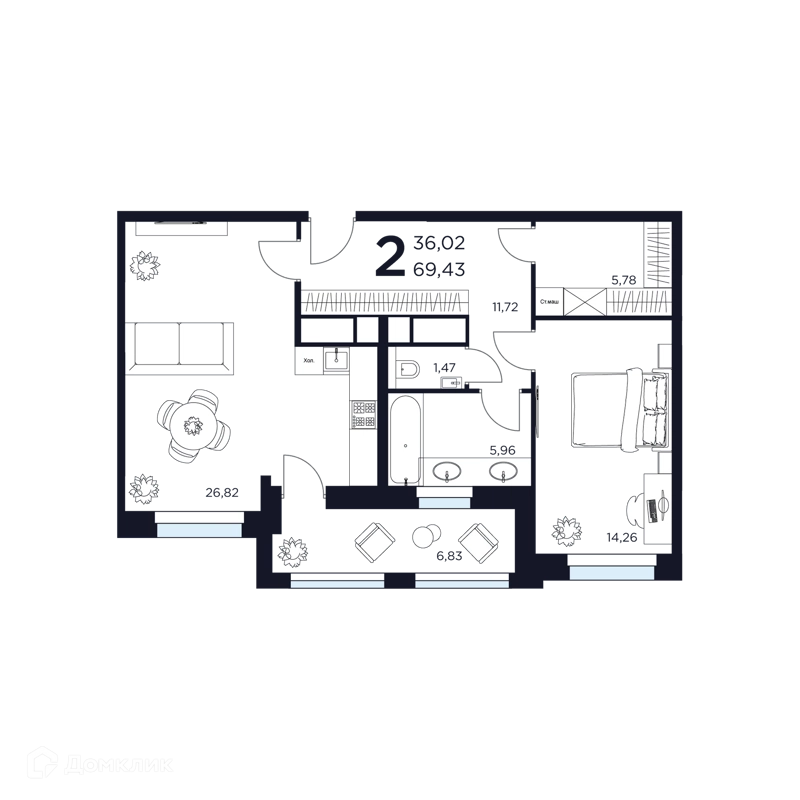 2-комнатная квартира 69.43 м² Восток 2