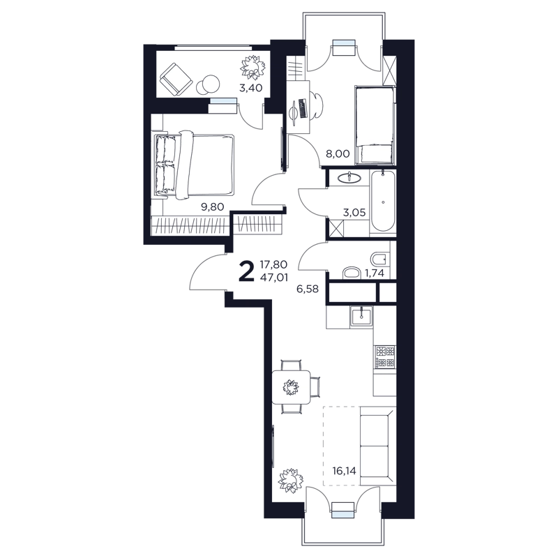 2-комнатная квартира 47.01 м² Восток 2
