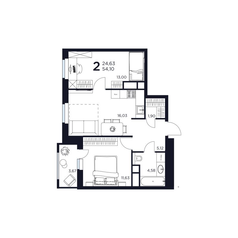 2-комнатная квартира 54.1 м² Восток 2