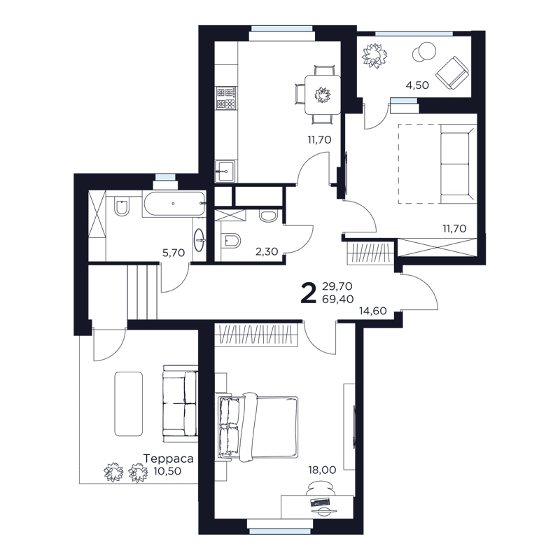 2-комнатная квартира 69.4 м² Восток 2