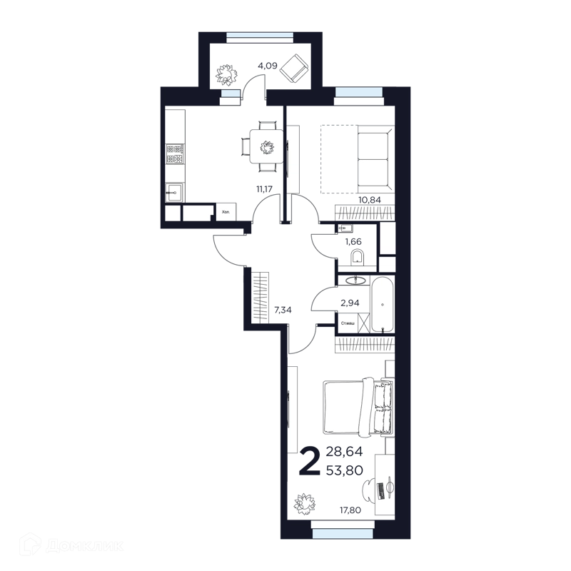 2-комнатная квартира 53.8 м² Восток 2