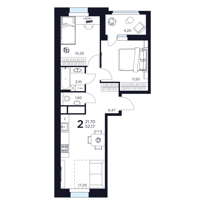 2-комнатная квартира 52.17 м² Восток 2