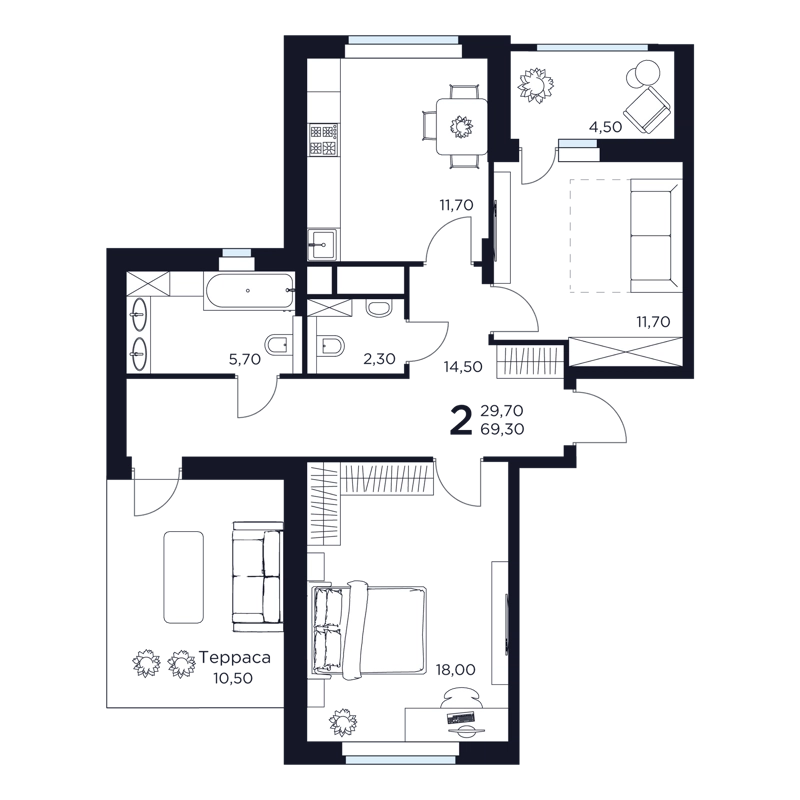 2-комнатная квартира 69.3 м² Восток 2