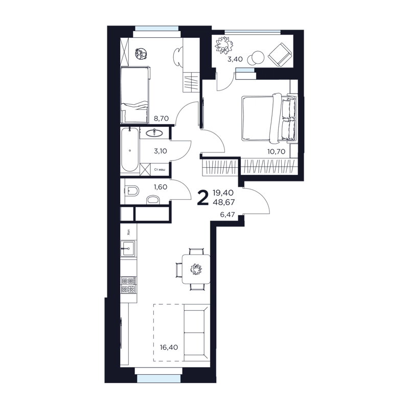 2-комнатная квартира 48.67 м² Восток 2