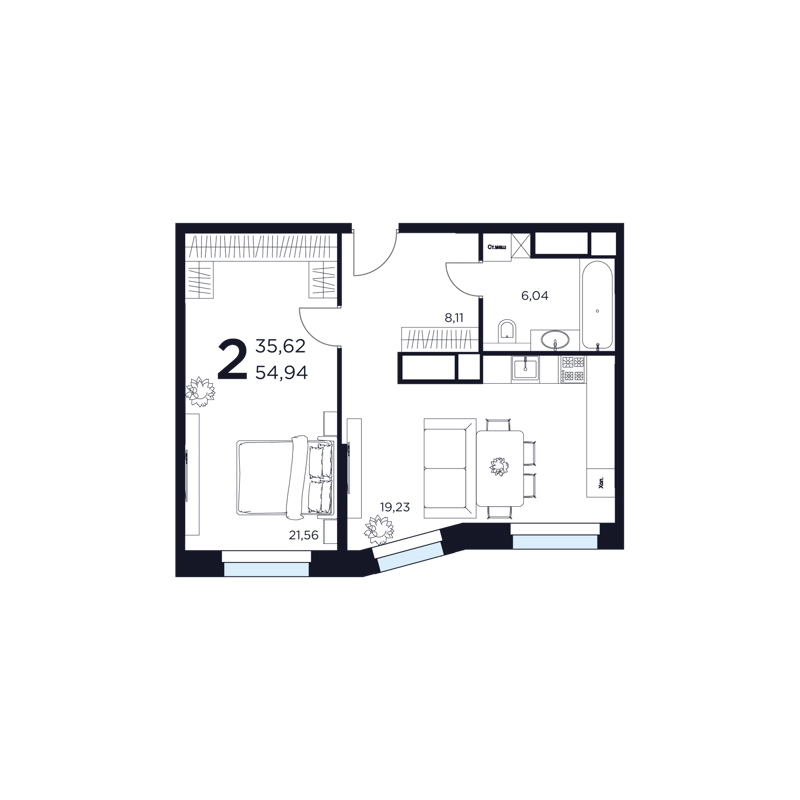 2-комнатная квартира 54.94 м² Восток 2