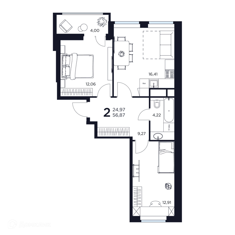 2-комнатная квартира 56.86 м² Восток 2