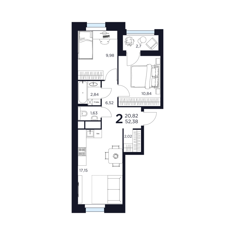 2-комнатная квартира 52.38 м² Восток 2