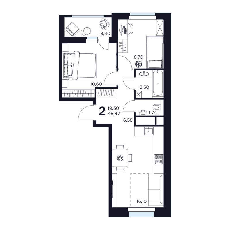 2-комнатная квартира 48.47 м² Восток 2