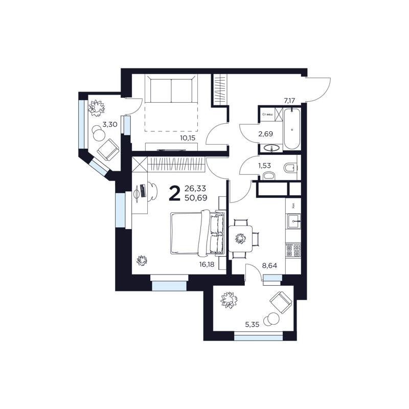 2-комнатная квартира 50.69 м² Восток 2
