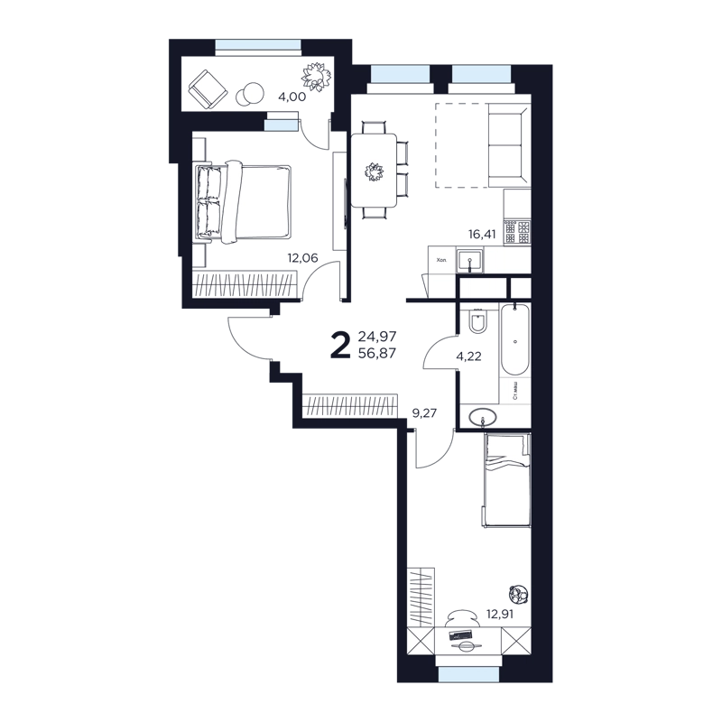 2-комнатная квартира 56.87 м² Восток 2
