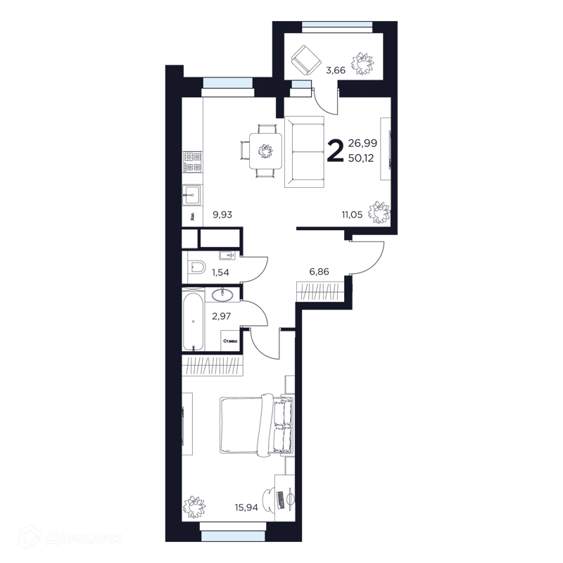 2-комнатная квартира 50.12 м² Восток 2