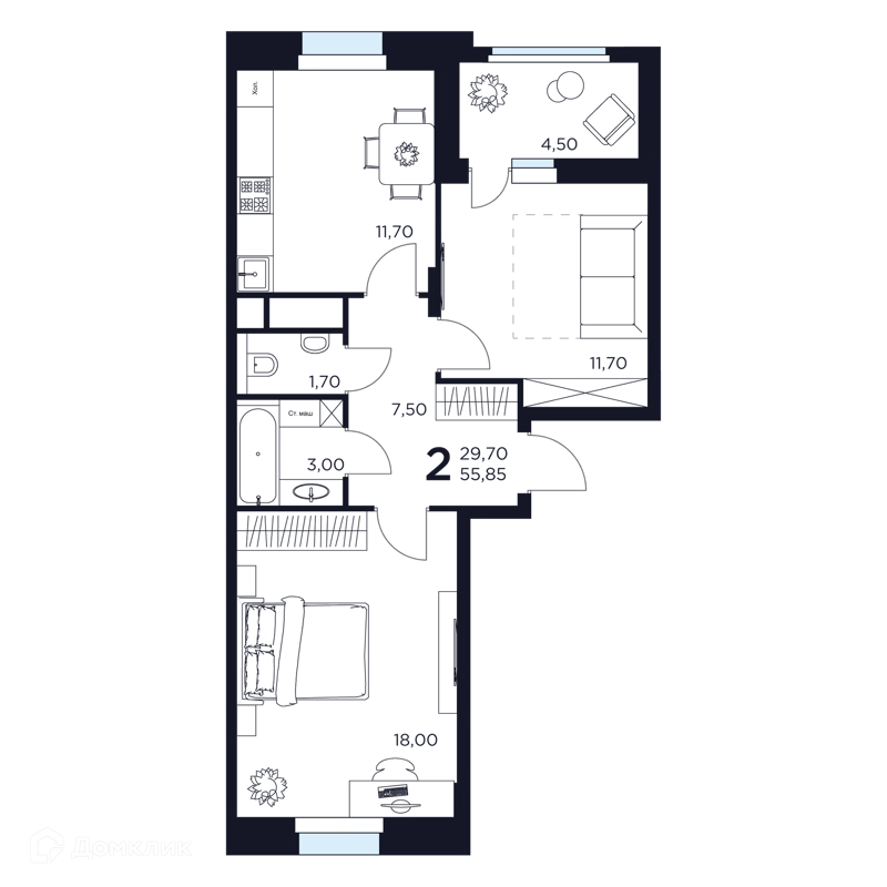 2-комнатная квартира 55.85 м² Восток 2