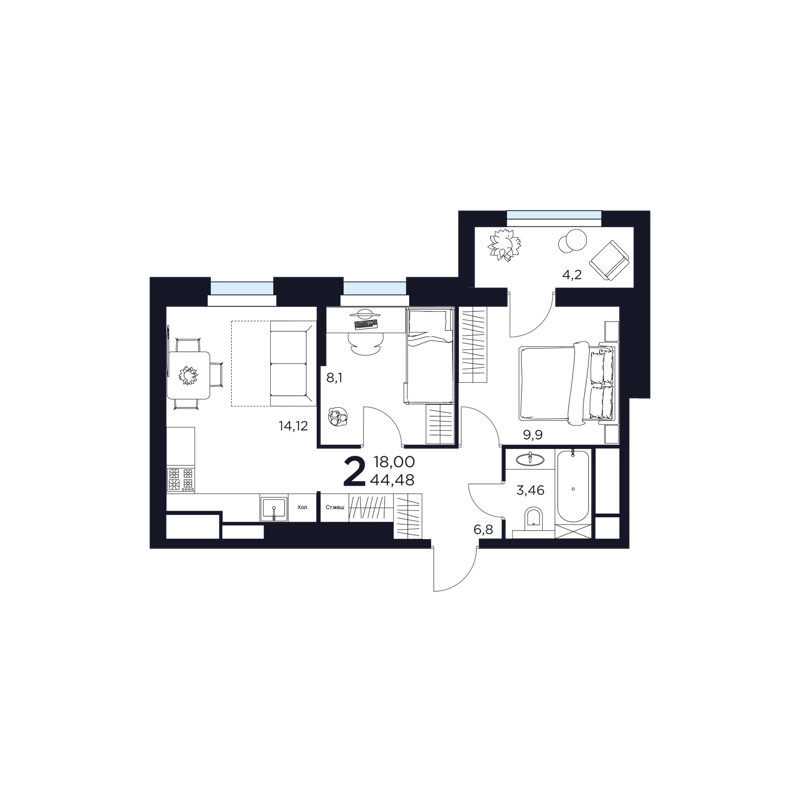 2-комнатная квартира 44.48 м² Восток 2