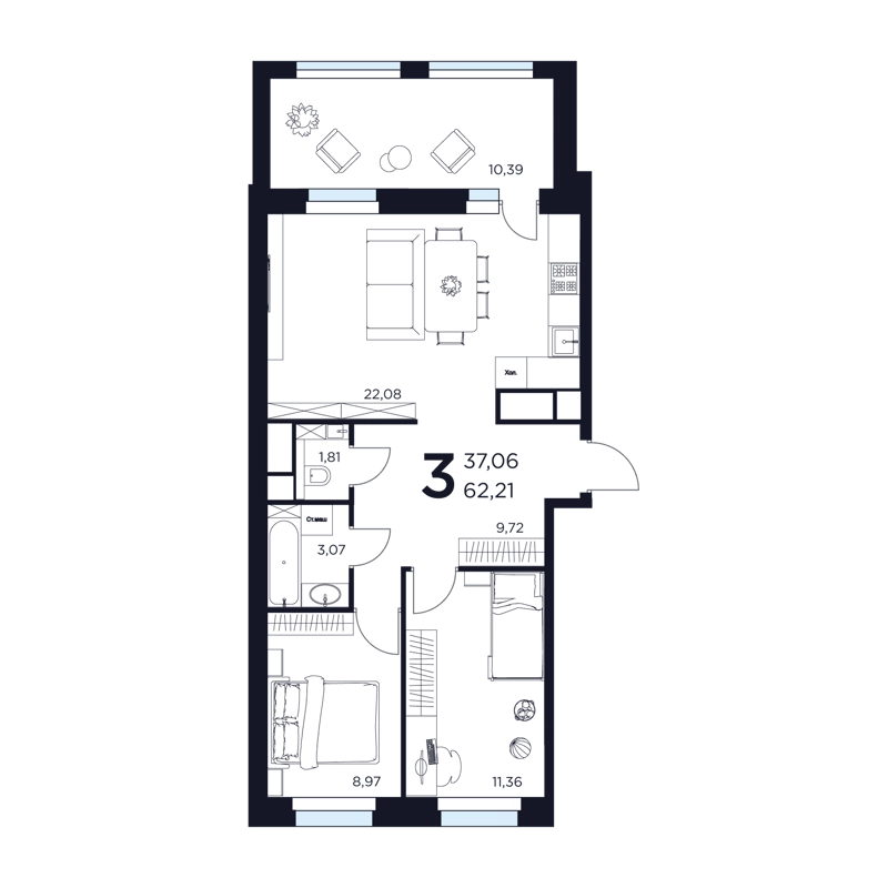 3-комнатная квартира 62.21 м² Восток 2