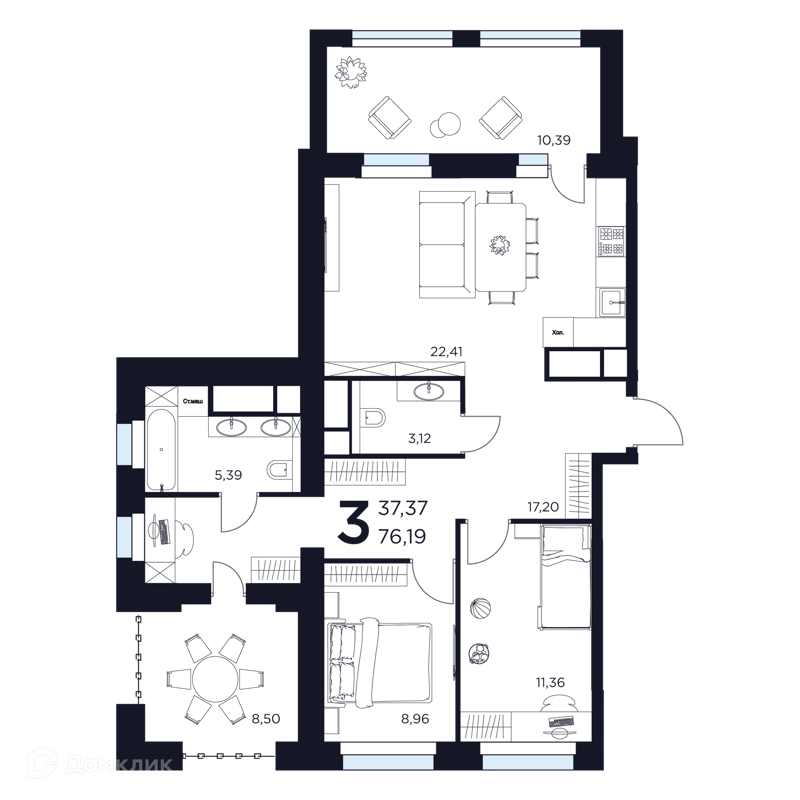 3-комнатная квартира 76.19 м² Восток 2