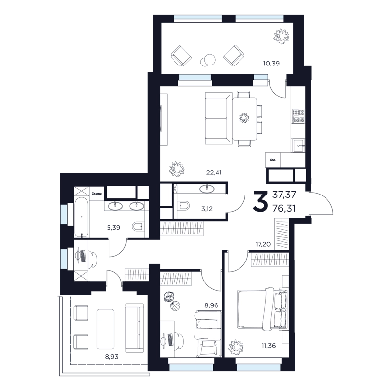 3-комнатная квартира 76.31 м² Восток 2