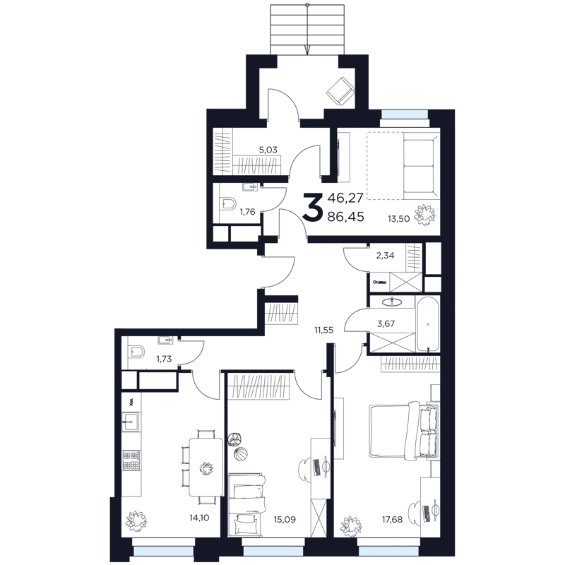 3-комнатная квартира 86.45 м² Восток 2