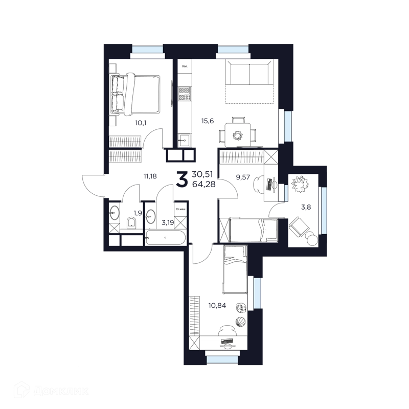 3-комнатная квартира 64.28 м² Восток 2