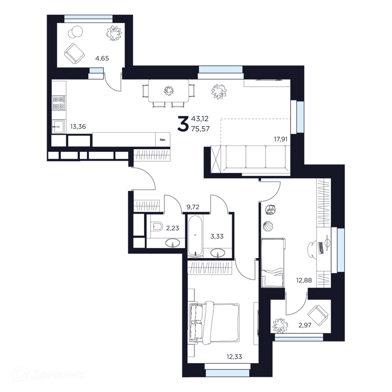3-комнатная квартира 75.57 м² Восток 2