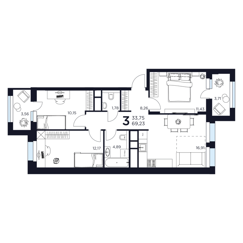 3-комнатная квартира 69.23 м² Восток 2