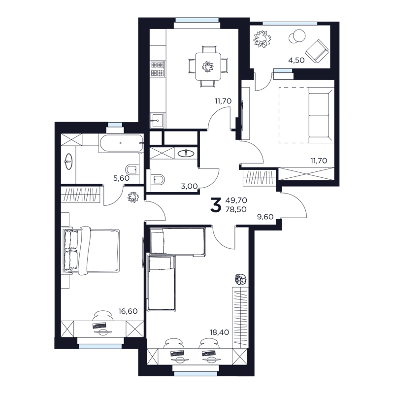 3-комнатная квартира 78.85 м² Восток 2