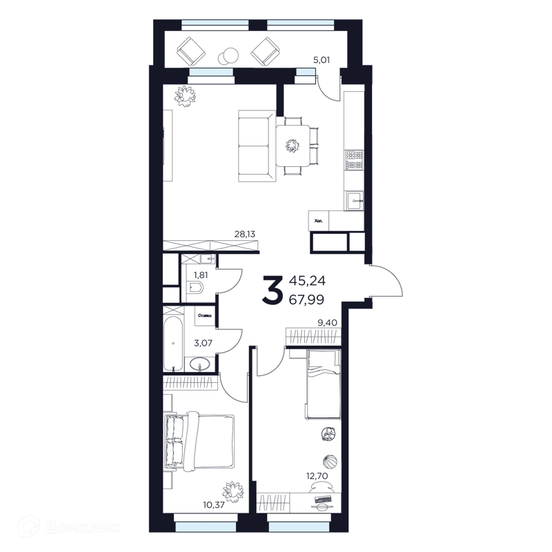 3-комнатная квартира 67.99 м² Восток 2