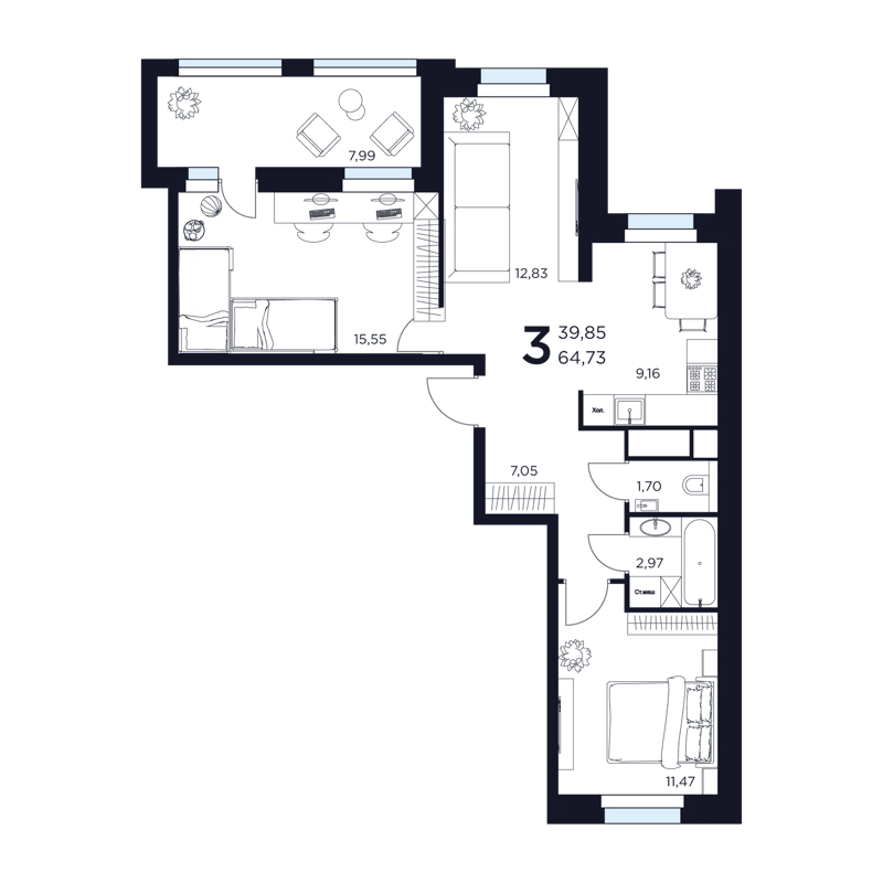 3-комнатная квартира 64.73 м² Восток 2