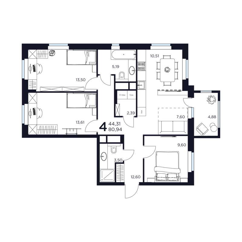 4-комнатная квартира 80.94 м² Восток 2