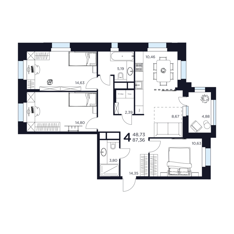 4-комнатная квартира 87.35 м² Восток 2