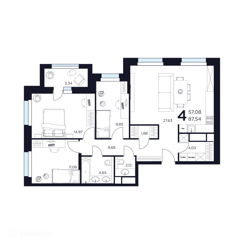 4-комнатная квартира 87.54 м² Восток 2