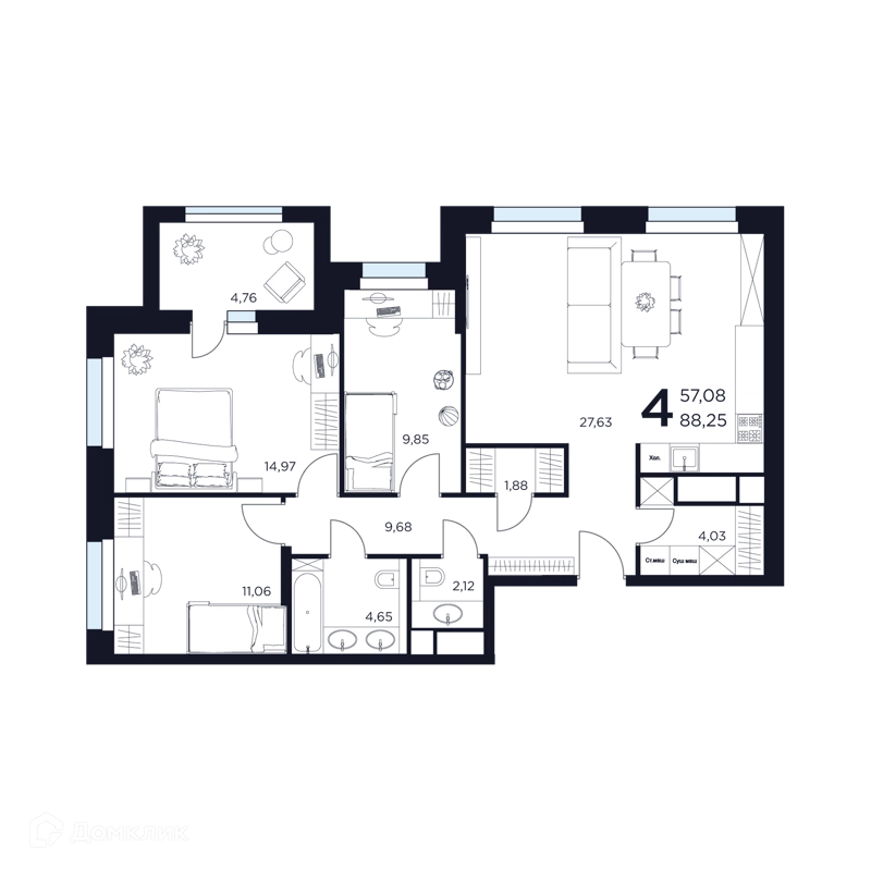 4-комнатная квартира 88.25 м² Восток 2
