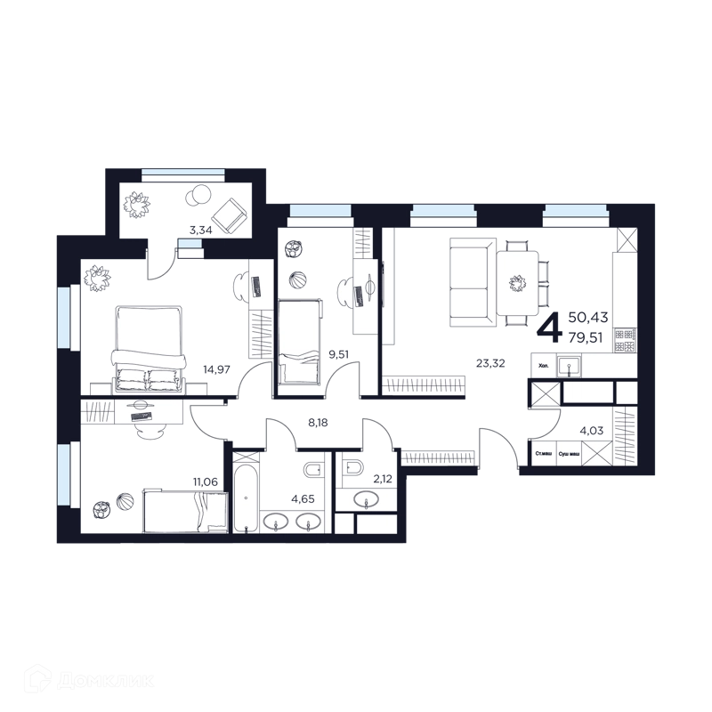 4-комнатная квартира 79.51 м² Восток 2