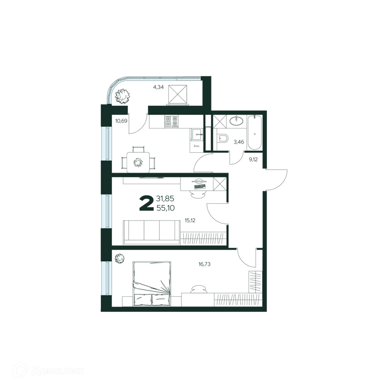 2-комнатная квартира 55.1 м² Ласточкино