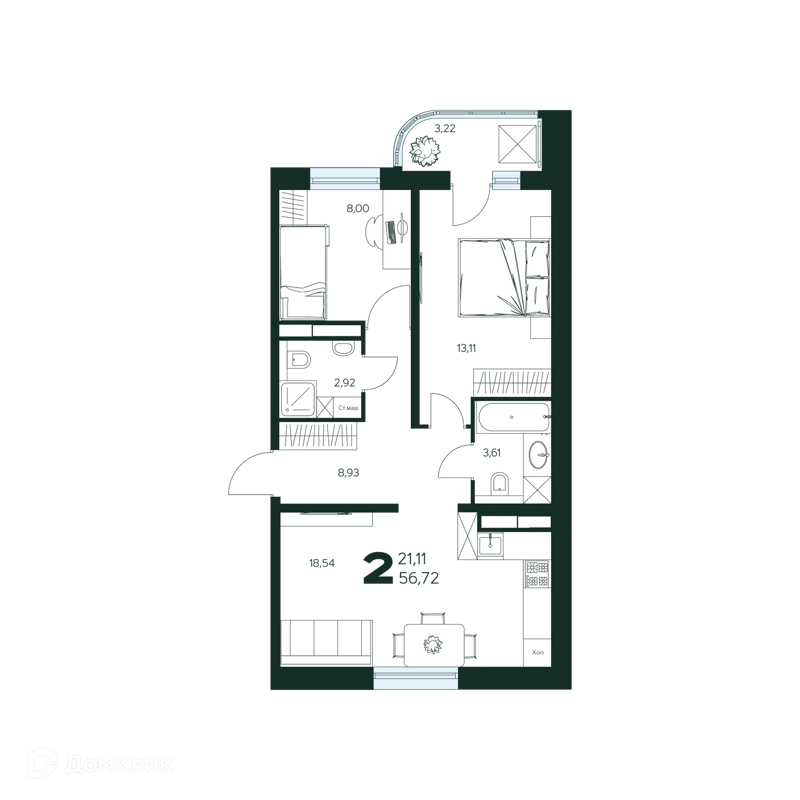 2-комнатная квартира 56.72 м² Ласточкино