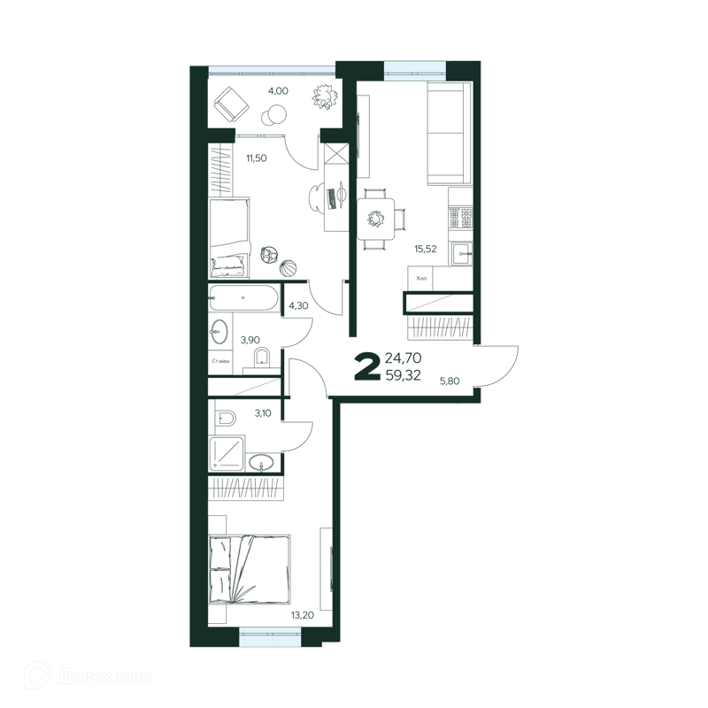 2-комнатная квартира 59.32 м² Ласточкино