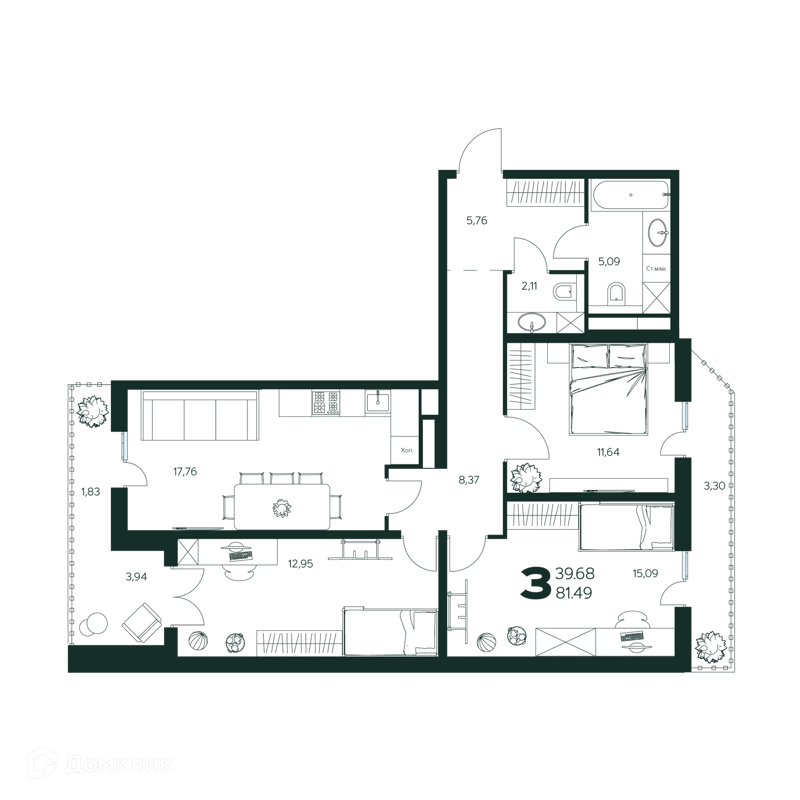 3-комнатная квартира 81.49 м² Ласточкино