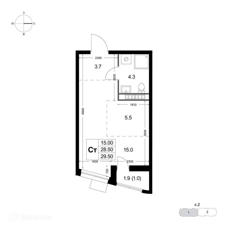 Студия 28.5 м² Легенда Коренёво