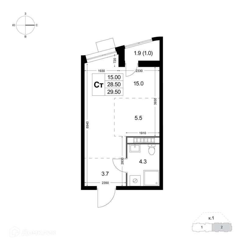 Студия 28.6 м² Легенда Коренёво