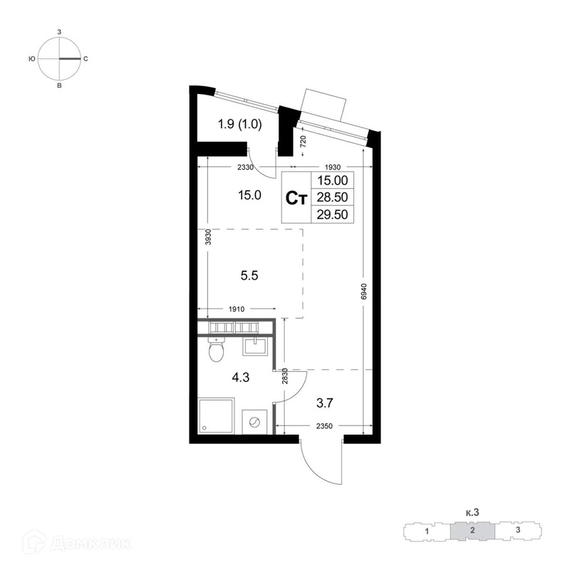 Студия 28.5 м² Легенда Коренёво