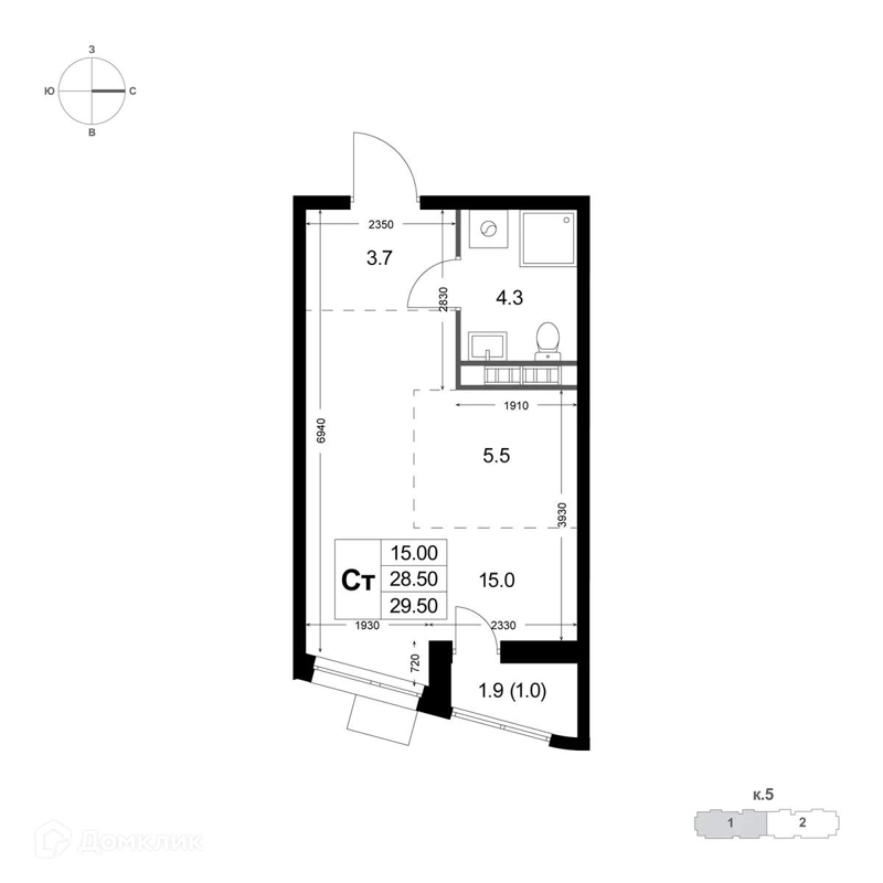 Студия 28.5 м² Легенда Коренёво