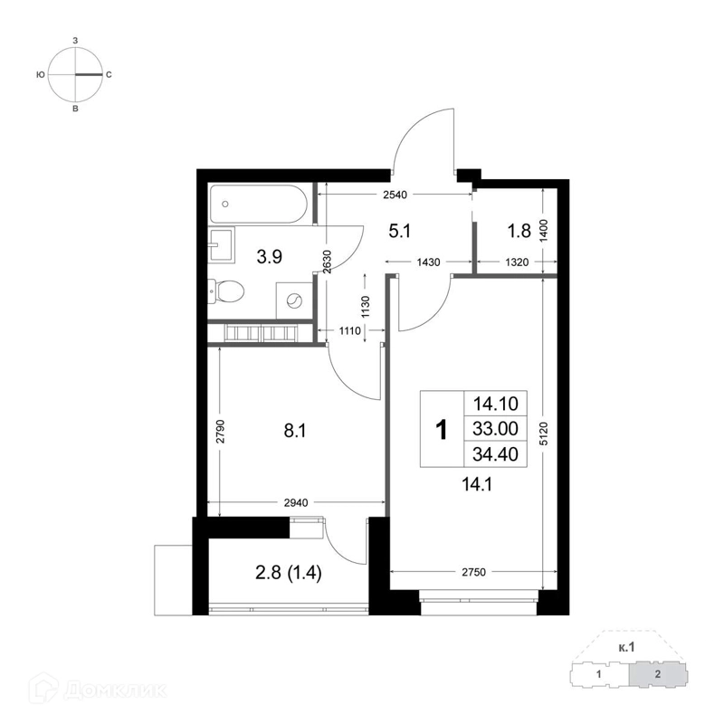 1-комнатная квартира 32.9 м² Легенда Коренёво