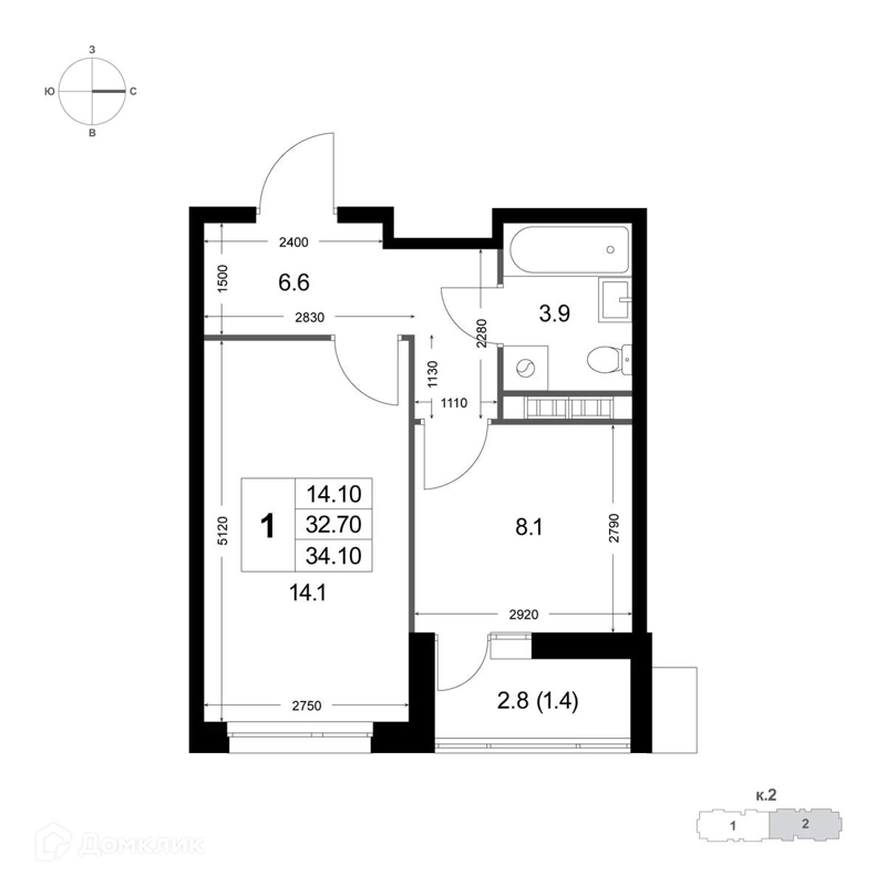 1-комнатная квартира 32.8 м² Легенда Коренёво