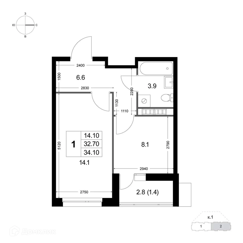 1-комнатная квартира 32.7 м² Легенда Коренёво