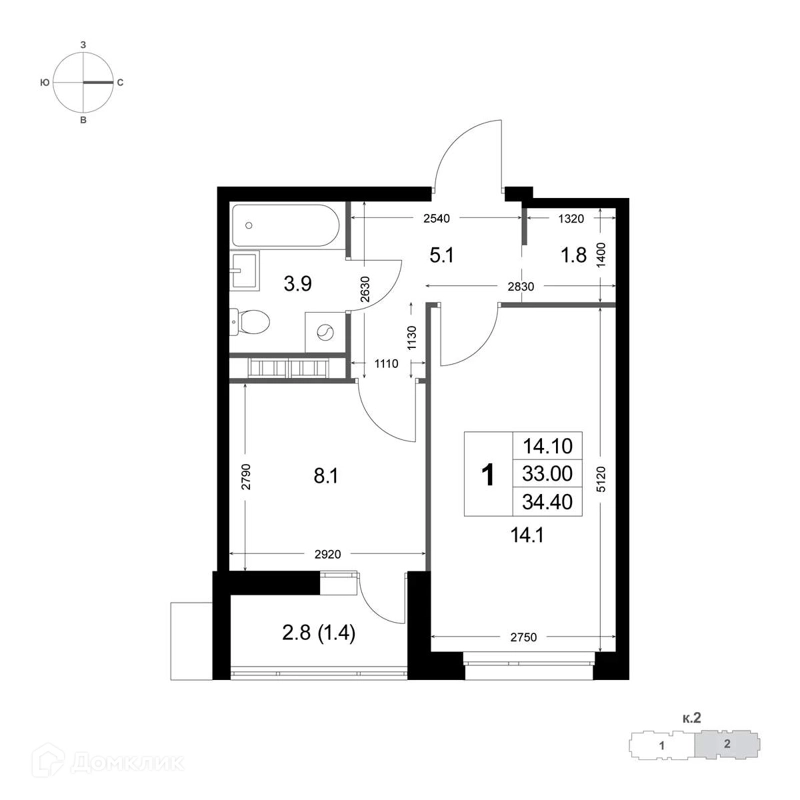 1-комнатная квартира 33 м² Легенда Коренёво