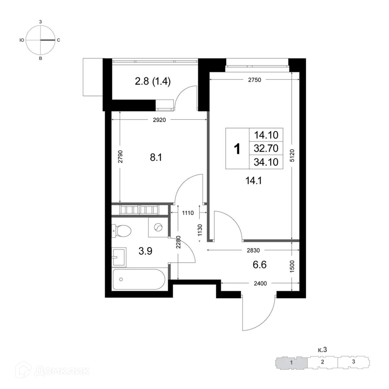 1-комнатная квартира 32.7 м² Легенда Коренёво